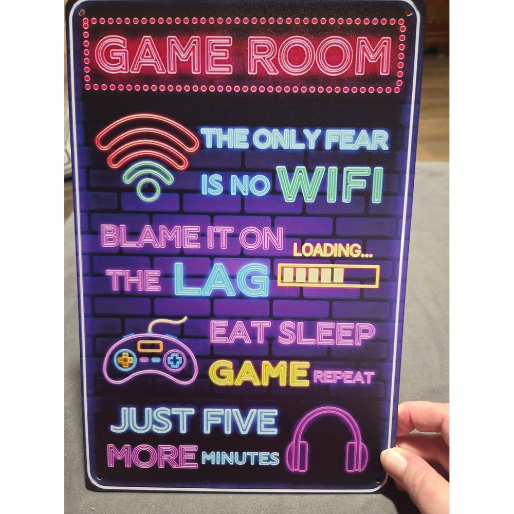 Game Room Metal Tin Sign 8x12 Gamer Gaming Decor No WiFi Lag Neon Style
